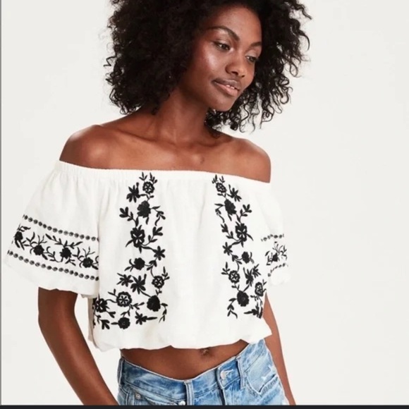 American Eagle Embroidered Crop Top Off Shoulder Festival Boho Small White - Picture 1 of 10
